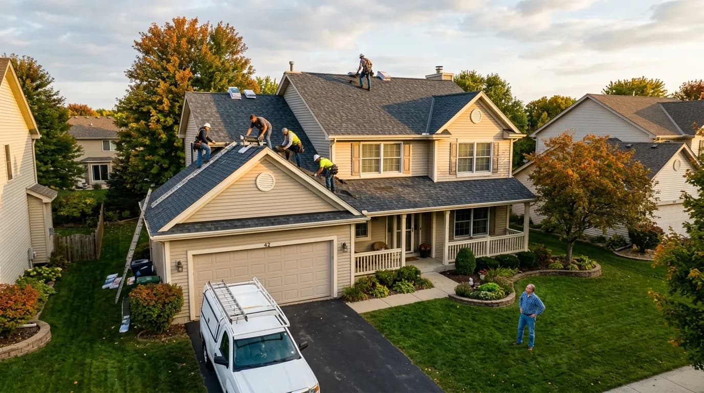 Roofing crew finishing a new shingle roof while the homeowner watches from the lawn