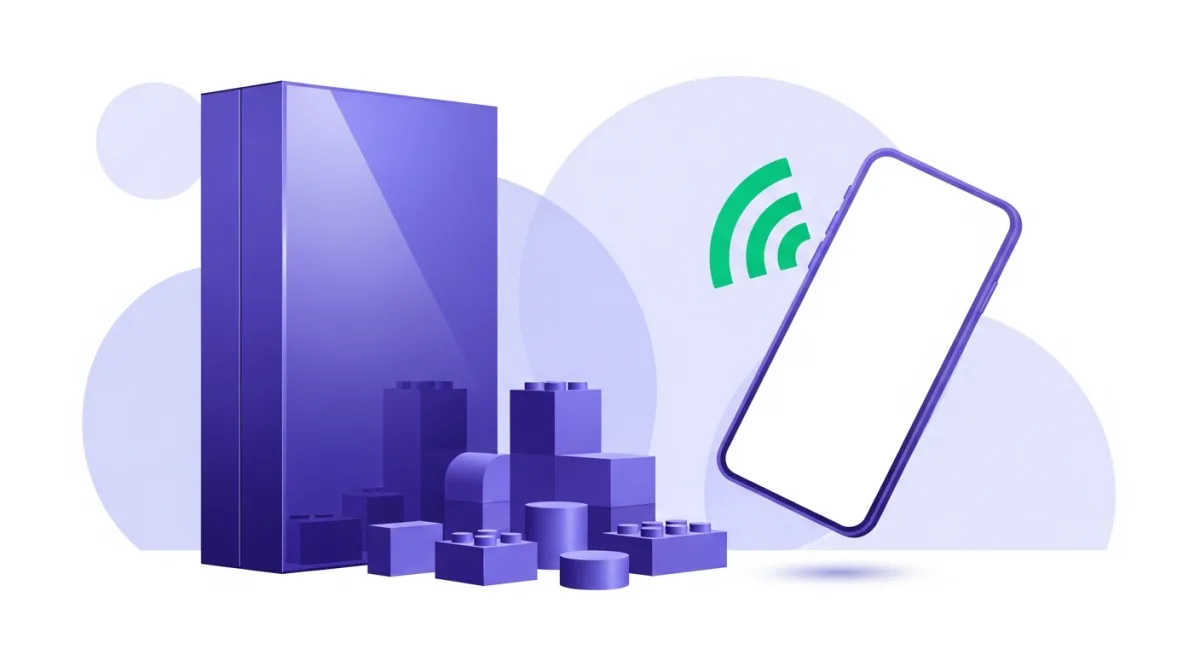 Illustration of a finished product beside loose platform building blocks and a ringing phone