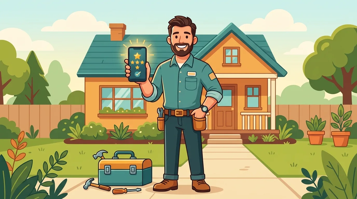 Home services contractor holding a phone showing five-star Google reviews