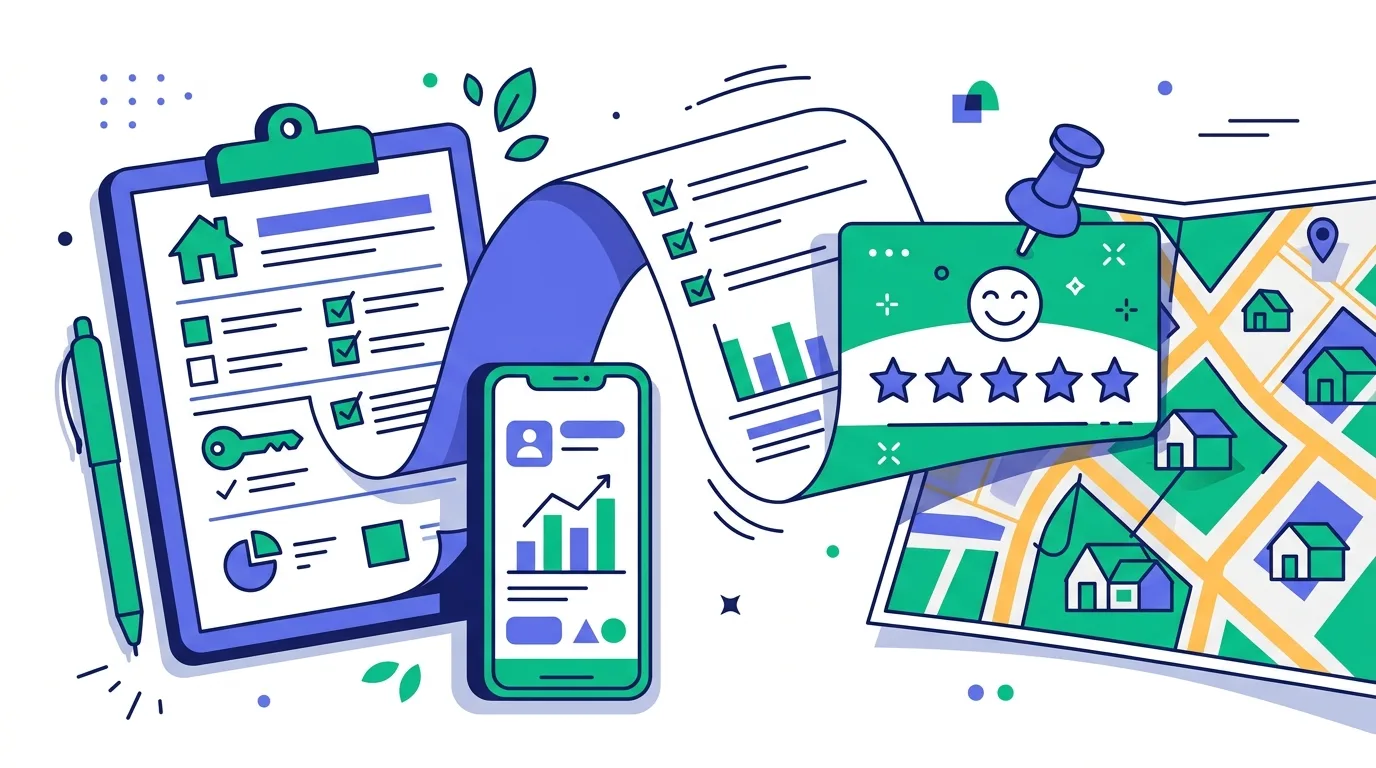 Illustration of a home inspection report flowing into a five-star Google review card on a local map