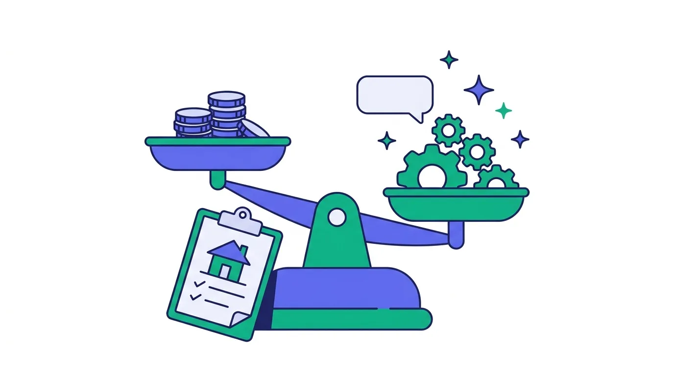 Illustration of a balance scale weighing coins against automation gears, with a home inspection clipboard
